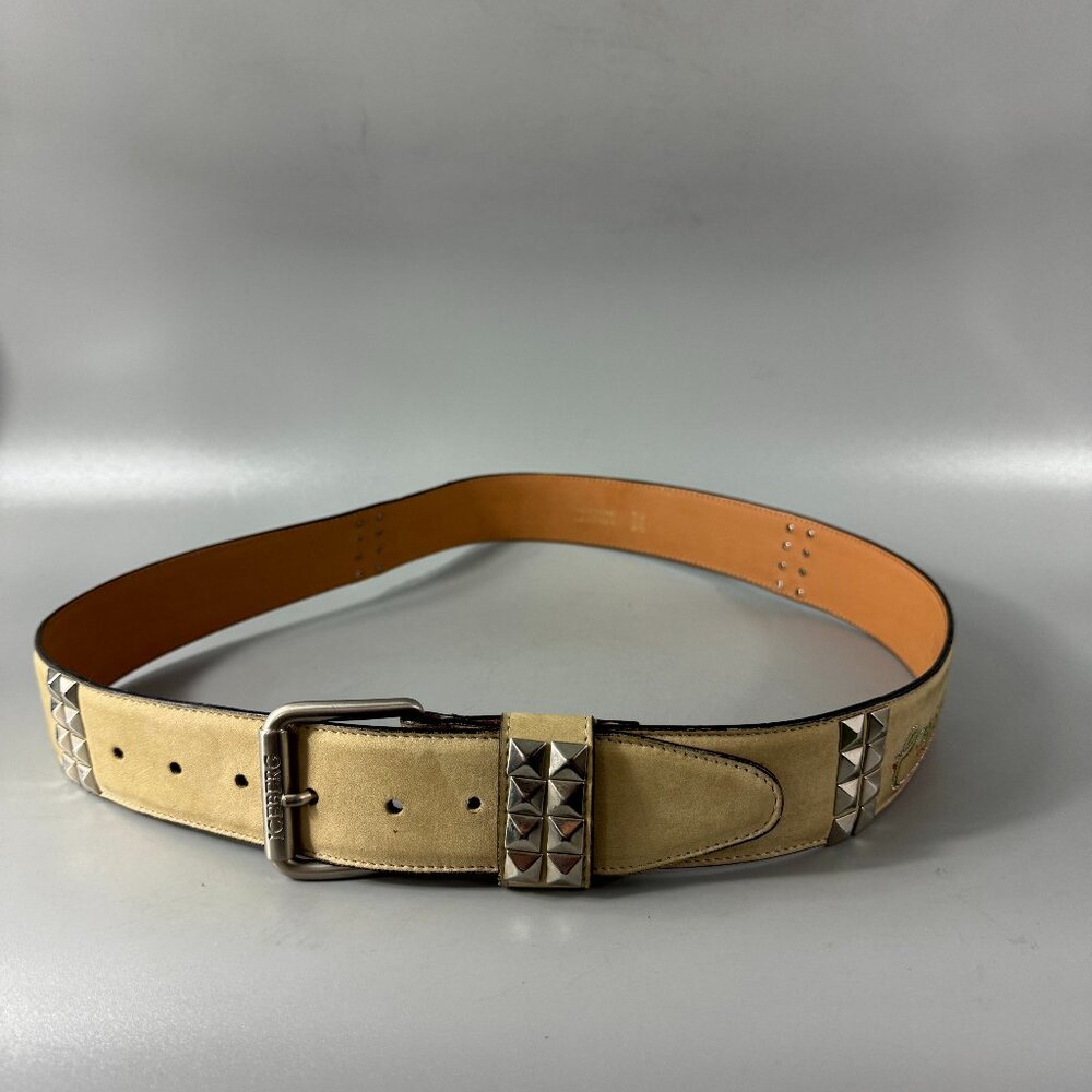 Iceberg "Crocodile Rock" Logo Beige Leather Silver-studs Belt, Size 52/95